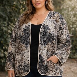 Rhoda Lynne Vintage Open Front Silk Boho Animal Print Puffer Jacket Party 3X NWT